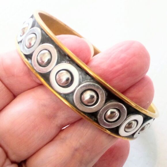 Vintage Two Tone Brass Bangle With Silver Circle Design - Picture 2 of 5